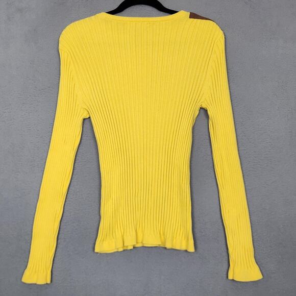 Lauren Ralph Lauren Sweater Womens XL Yellow Button Shoulder Faux Suede Patch - Picture 2 of 12
